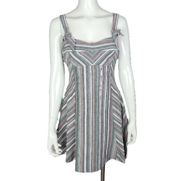 Women's Linen Stripped Gray, White and Pink Summer Dress - Picture 1 of 7